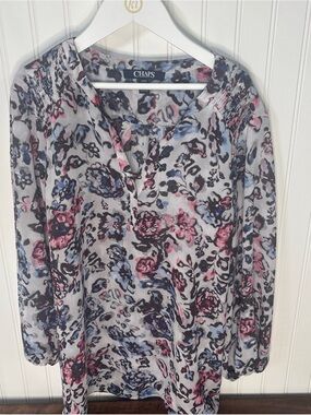 Chaps Gray Floral Tunic with Pink & Blue Accents